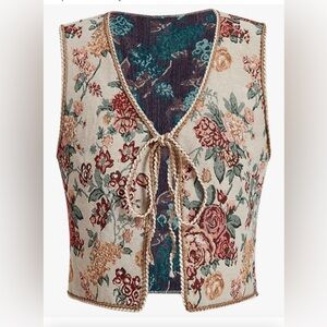 Sleeveless Western Embroidered Tie Front Cardigan Vest Top